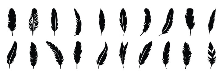 Abstract black bird feather icons. Feather silhouette collection. Elegance feather element decoration. Feather icons. Vector