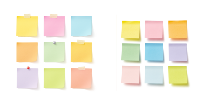 Colorful sticky notes on white background, multiple post-it paper reminders, office stationery, memo pads, planning tools for organization and productivity