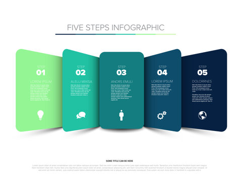 This horizontal five steps infographic template presents a clear visual layout. Each of the five steps includes icons and placeholder text for process or presentation graphics.
