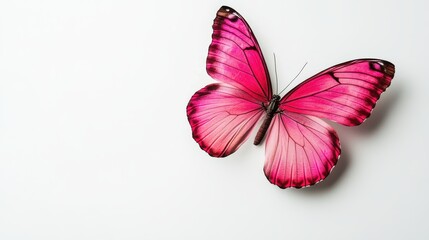 A pink butterfly against a white background, an isolated image captured through professional photography. 