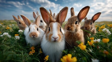 adorable group of bunnies peering down into the camera, wide angle perspective from below, surrounded by a meadow full of colorful flowers
