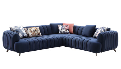 Modern sectional sofa, deep blue upholstery, featuring channel tufting and decorative pillows