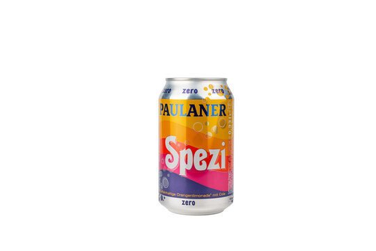 Germany Berlin May 20, 2025. Paulaner Spezi Zero can isolated. A colorful Spezi Zero can from the Paulaner brand against a white background. The orange soda with cola is caffeine-free and low in calor