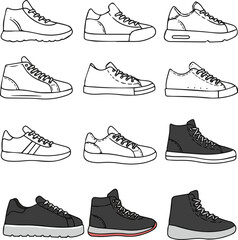 Create a kinds of sneakers icon in different style. shoe vector illustration isolated on white background. shoes in outline style, line and flat style.