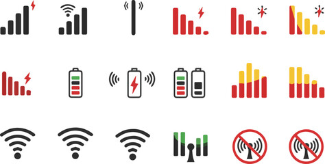 Create a kinds of wifi signal icon set, battery energy charge, mobile signal level icon Vector Illustration with white background.