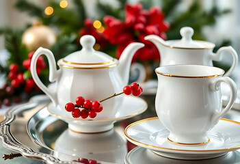 Fototapeta premium white tea set with red berries on it