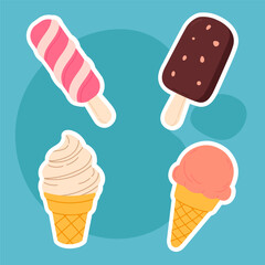 Set of ice cream stickers cones and popsicles on blue background