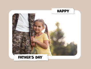 Happy Father's Day. Photo of dad in military uniform and his daughter outdoors, beige background