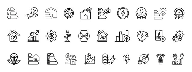 Energy efficiency related outline icon set. Containing energy saving light bulb, sustainability, electricity, consumption, house, price, reduction, save, lightning and more. Sustainable development. 