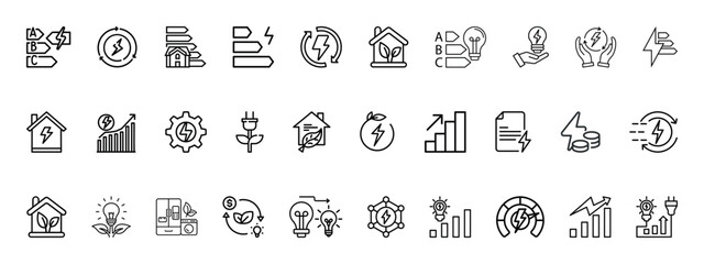Energy efficiency related outline icon set. Containing energy saving light bulb, sustainability, electricity, consumption, house, price, reduction, save, lightning and more. Sustainable development. 