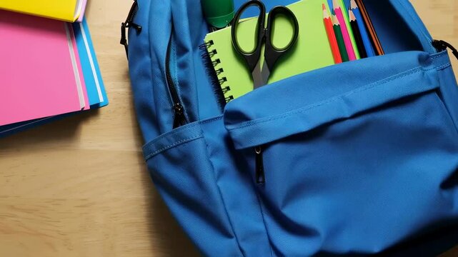 Open school backpack with colorful supplies including notebook, scissors and pencils, representing back to school preparation, learning tools and academic organization

