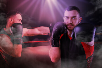Boxer surrounded by smoke in ring, double exposure. Sporting event