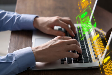 Recruitment, employee search. Human resources manager using laptop, closeup. Virtual resumes above computer