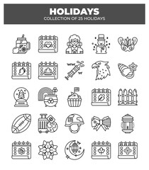Collection of 25 Holidays. Icons and Line Art for Festive Occasions