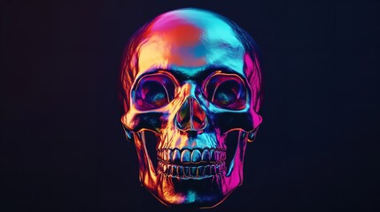Colourful neon skull close-up on black background