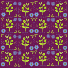 A decorative botanical pattern featuring vibrant yellow and blue flowers on a rich purple backdrop. Perfect for wallpapers, fabrics, and creative projects, this design conveys a lively and vibe