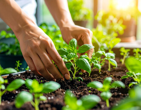 Gardener nurtures young basil plants in a sunlit greenhouse during afternoon hours