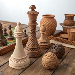 Intricate Carved Wooden Chess Pieces and Decorative Objects A Gemini API gen-lang-client-0847638545 Generated Description