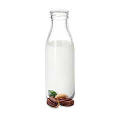 Nut milk in glass bottle and pecans isolated on white