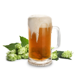 Fresh beer in glass mug and hop flowers on white background