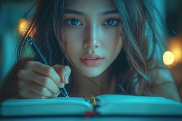 Close-up of a young woman writing in a journal.