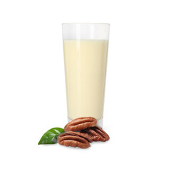 Nut milk in glass and pecans isolated on white