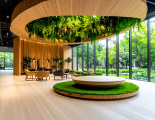 Modern indoor lounge features greenery and open windows in a serene setting surrounded by nature
