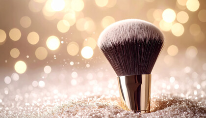 Close up of a makeup brush on sparkling surface with blurred lights in the background during a festive celebration