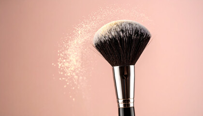 Makeup brush creating a dust cloud of powder against a soft pink background while being used for cosmetic application