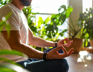 Mindful meditation practice in a serene indoor garden setting during the morning light