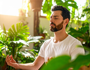 Meditation practice in a lush indoor garden, promoting relaxation and mindfulness during the morning sunlight