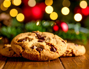Warm chocolate chip cookies resting on a wooden table with festive decorations in the background during the holiday season