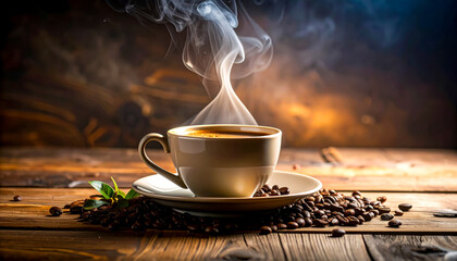 Cup of hot coffee with steam rising on a rustic wooden table decorated with coffee beans and fresh mint leaves in a cozy setting