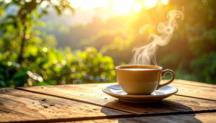 Warm cup of coffee resting on a wooden table in a lush garden during sunrise, steam rising in the refreshing morning light