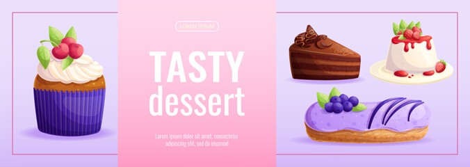 Promo banner for a dessert, confectionery, and cooking store. Vector illustration for posters, banners, advertisements, flyers