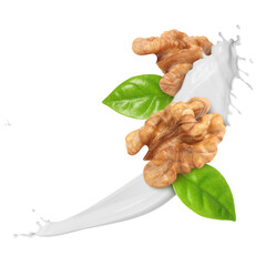 Nut milk splashing with walnuts and green leaves in air on white background