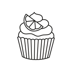 Outline cupcake with whipped cream and lemon slice. Editable stroke. Doodle drawing for t-shirt print, invitation, card, menu design