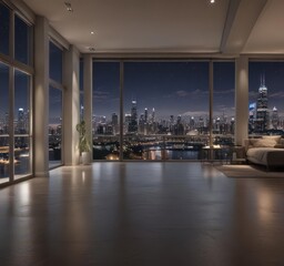 Fototapeta premium Expansive living space with city lights backdrop, city view, minimal