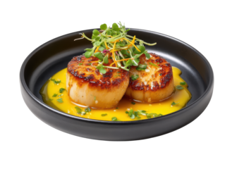 Perfectly Seared Scallops Garnished with Microgreens and Lemon Butter Sauce on a Black Plate