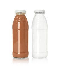 Chocolate drink and milk in glass bottles isolated on white