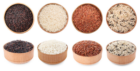 Brown and other types of rice in bowls isolated on white, collage. Top and side view