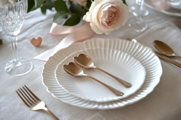 Elegant, romantic dinnerware setting with heart-shaped spoons, pale pink roses, and delicate ribbons