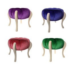 Poufs in different colors isolated on white, set. Interior element