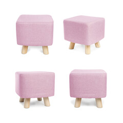 Pink pouf isolated on white, collage. View from different sides