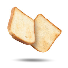 Slices of toasted bread in air o white background