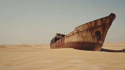 Desert Shipwreck: An old, rusted ship rests in the middle of a vast, sandy desert under a clear sky, a testament to time and the relentless forces of nature.