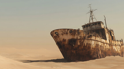 Fototapeta premium Desert Shipwreck: Abandoned vessel rests in a sandy expanse, a testament to time and the shifting landscape. Rusted hull meets the dunes.