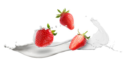Fresh juicy strawberries and splashes of cream in air on white background