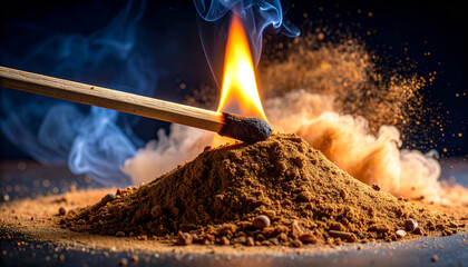  cinnamon powder with lit match. Background concept. Generated Image