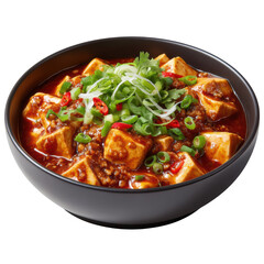 Spicy Sichuan Mapo Tofu Garnished with Scallions and Chili Oil in a Black Bowl
